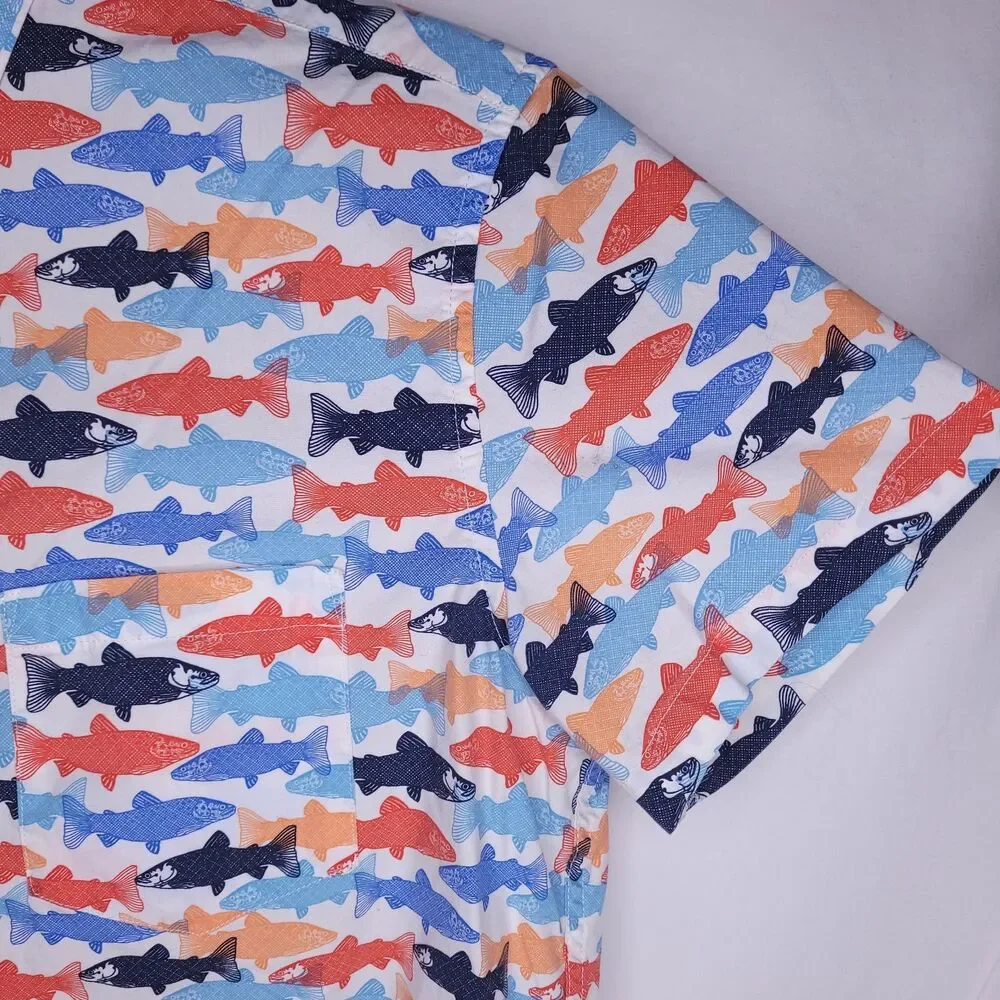J Crew Shirt Mens Medium Trout Print Colorful Short Sleeve Flex Washed Slim Fit